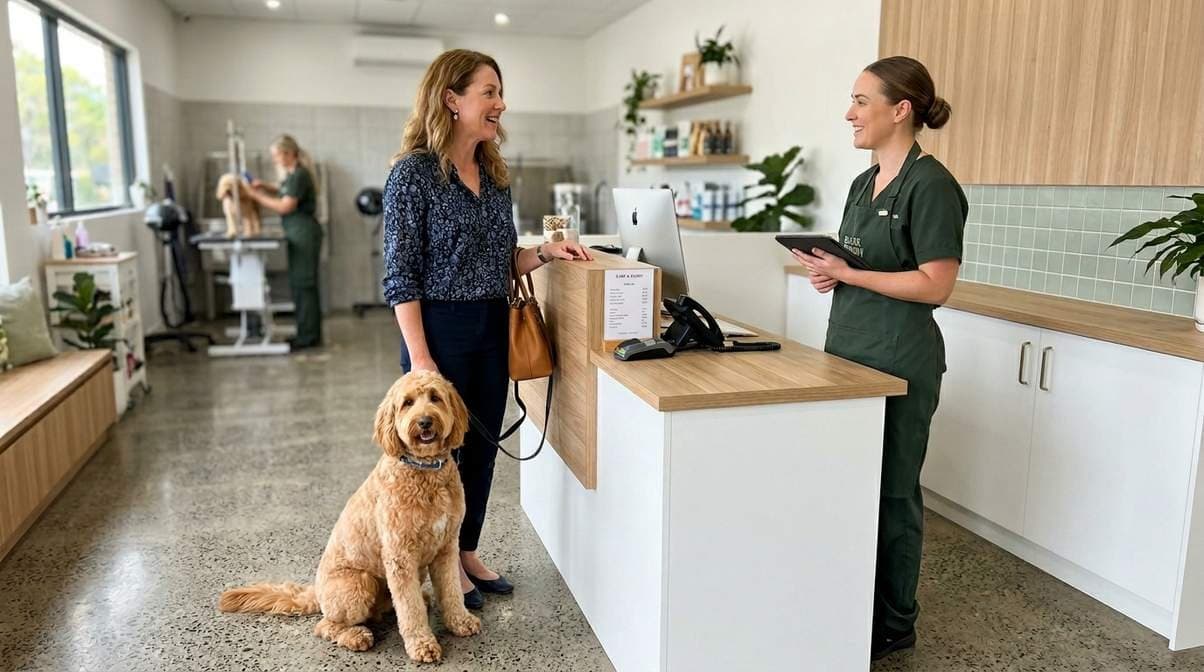 Woman Speaking With Dog Groomer