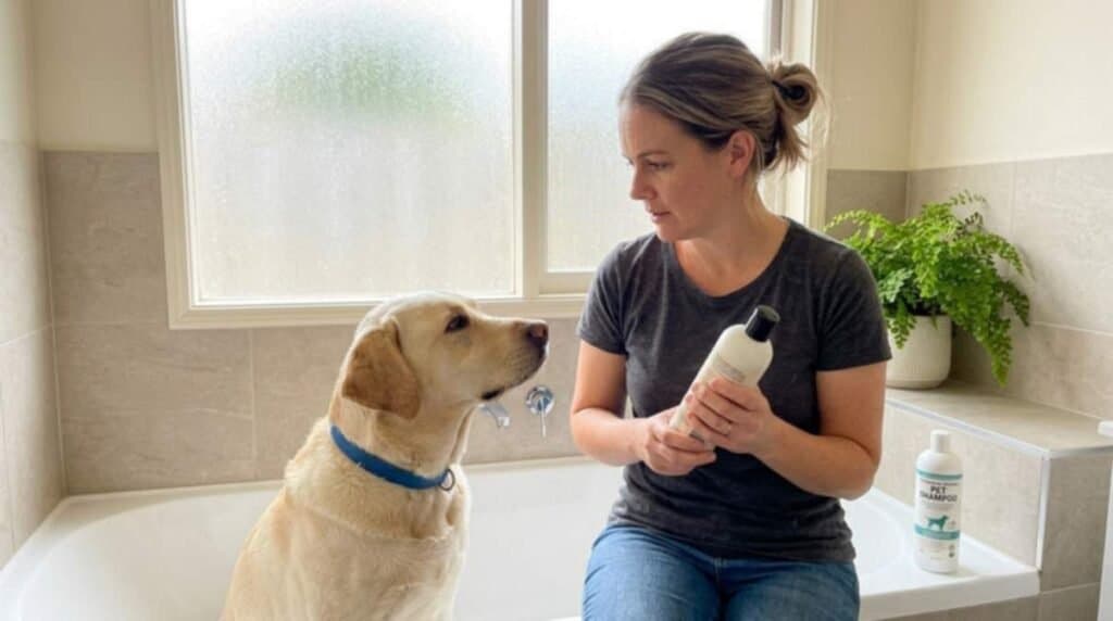 Women Holding Shamapoo With Dog