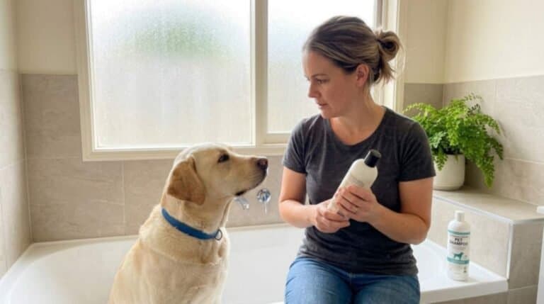 Women Holding Shamapoo With Dog
