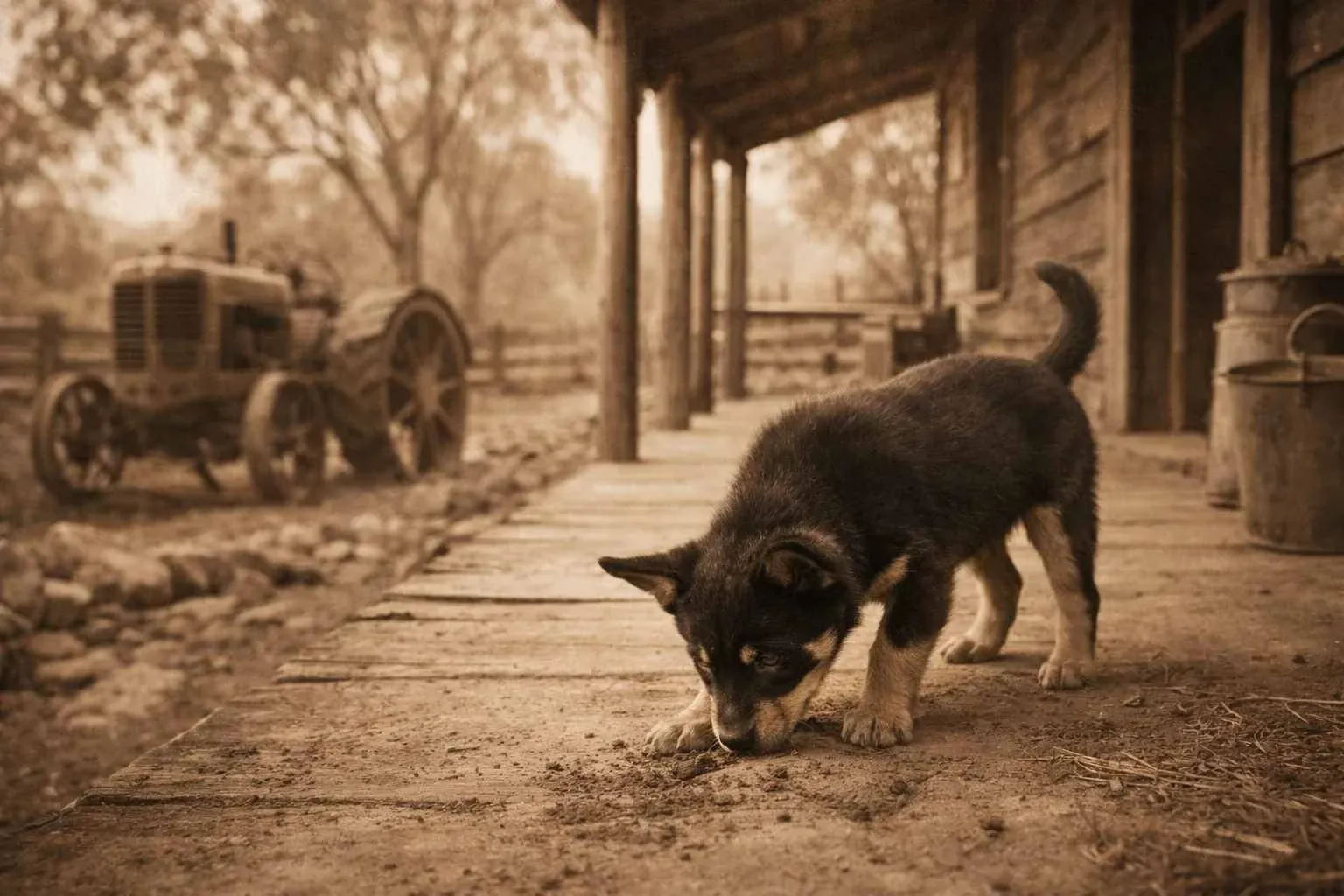Australian Kelpie puppy sniffing the dirt on a rustic wooden porch Australian Kelpie puppy sniffing the dirt on a rustic wooden porch