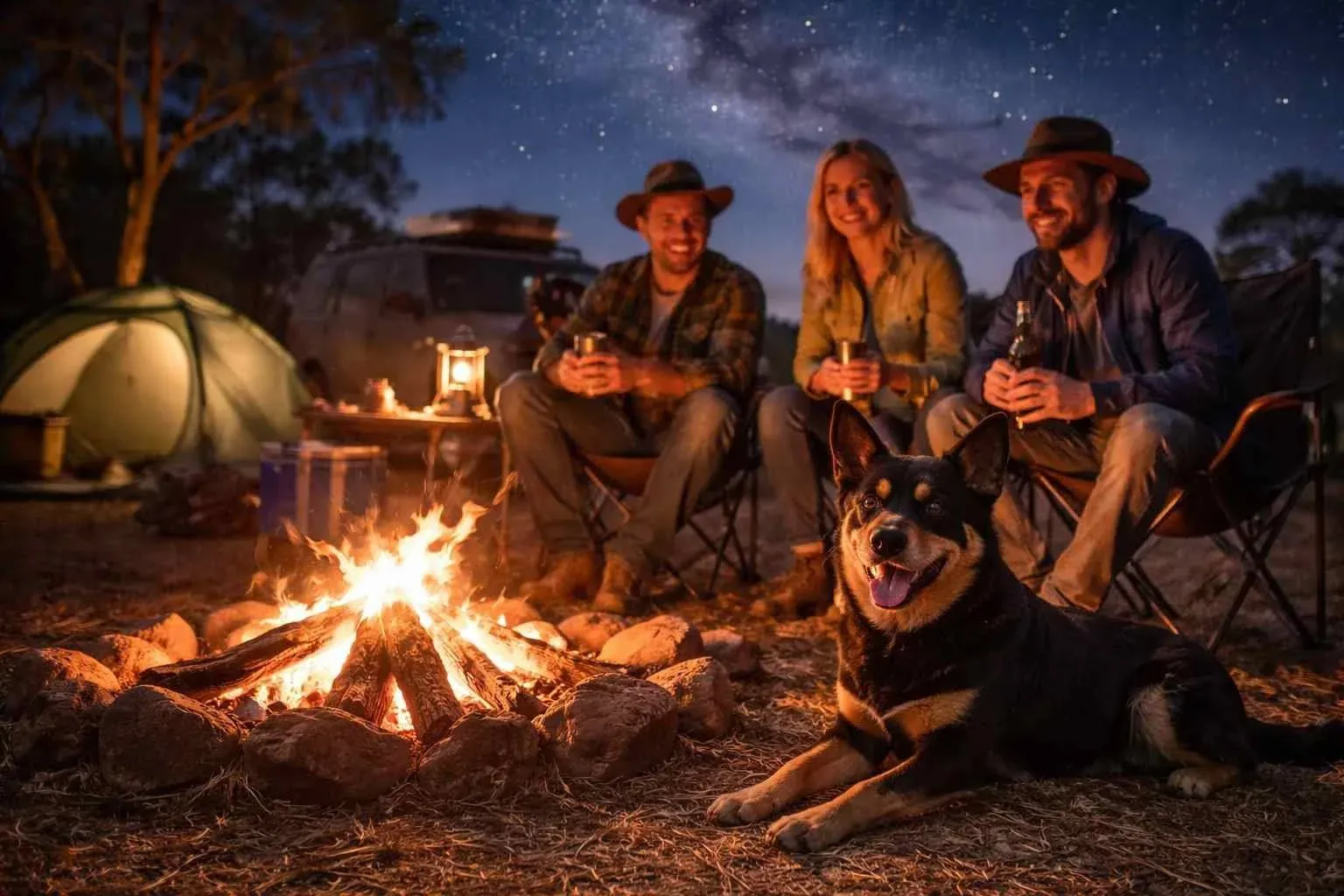 Australian Kelpie resting beside a campfire with a group of people Australian Kelpie resting beside a campfire with a group of people