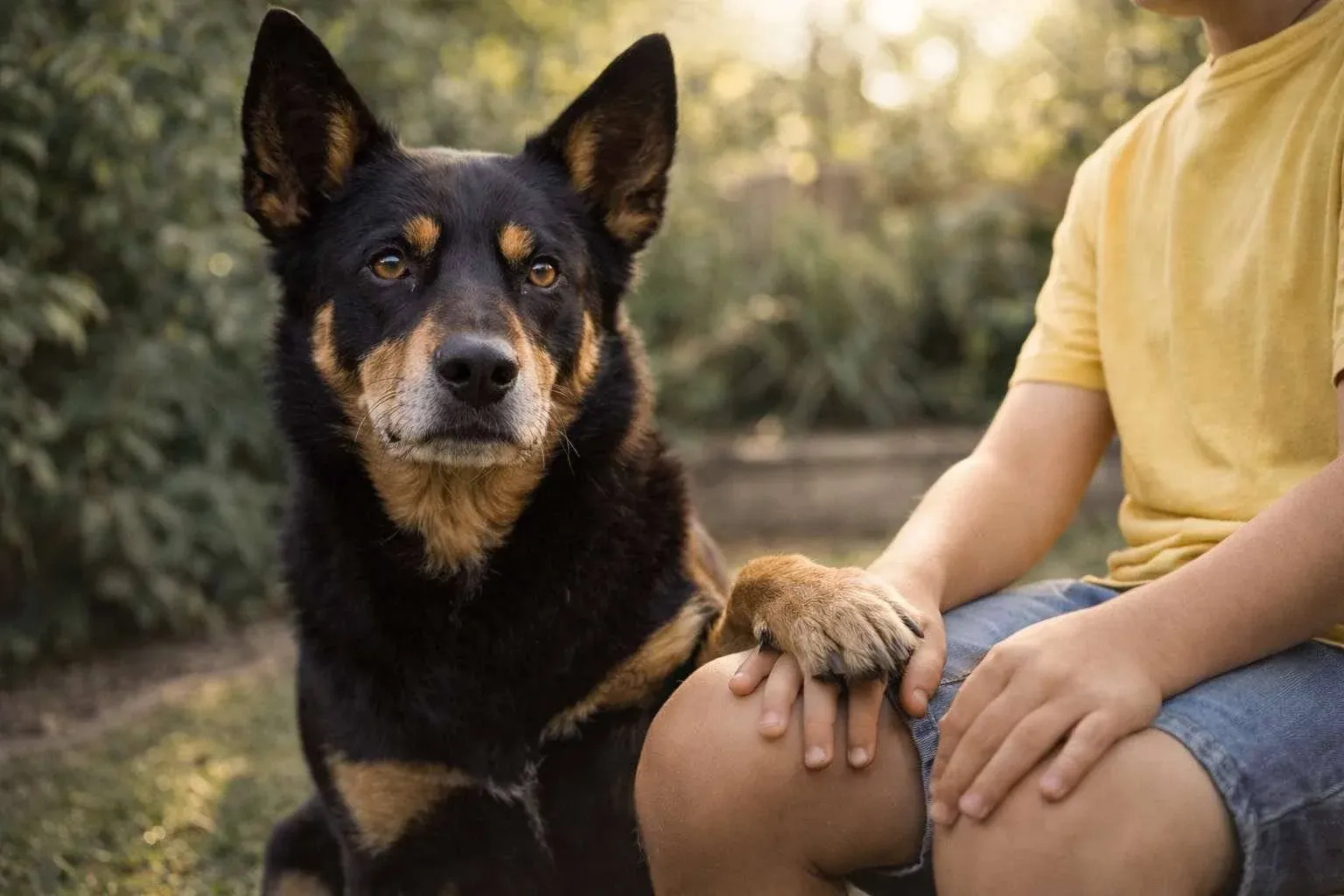 Australian Kelpie sitting beside a owner outdoors Australian Kelpie sitting beside a owner outdoor