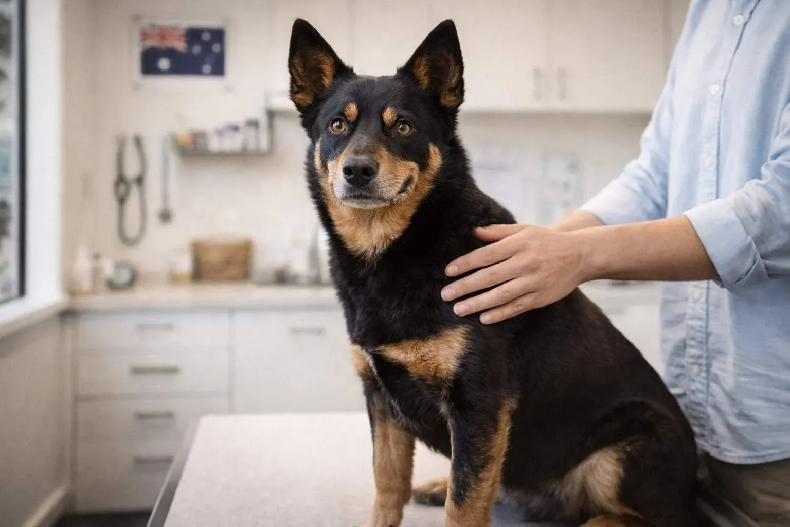 Australian Kelpie sitting calmly on a vet examination table Australian Kelpie sitting calmly on a vet examination table while being gently checked by a veterinarian in a clinic