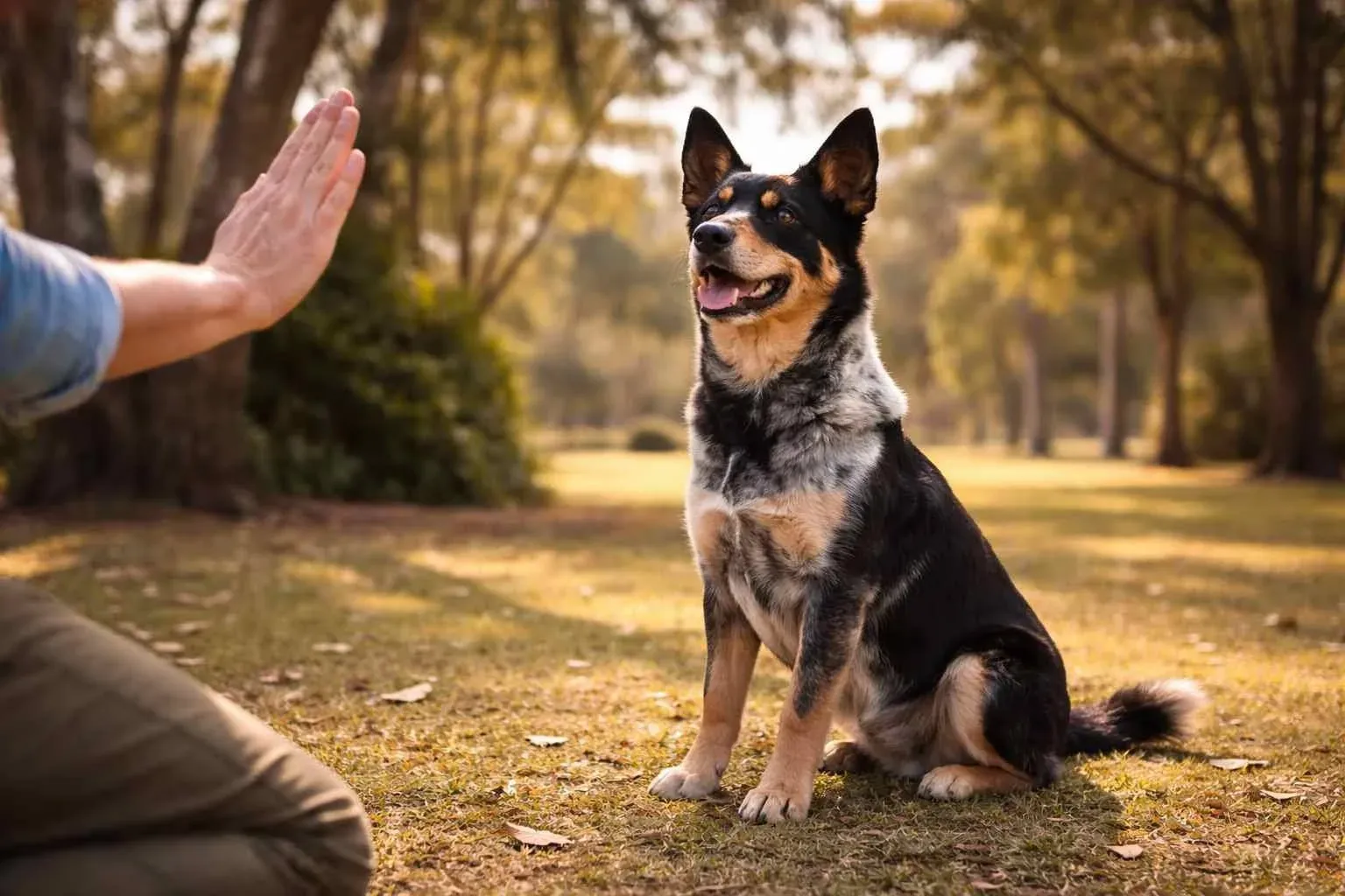 Australian Kelpie training session outdoors with a Kelpie sitting attentively Australian Kelpie training session outdoors with a Kelpie sitting attentively
