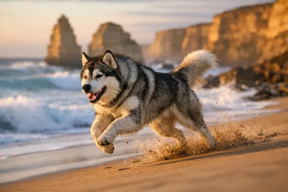 Alaskan Malamute Running At Beach