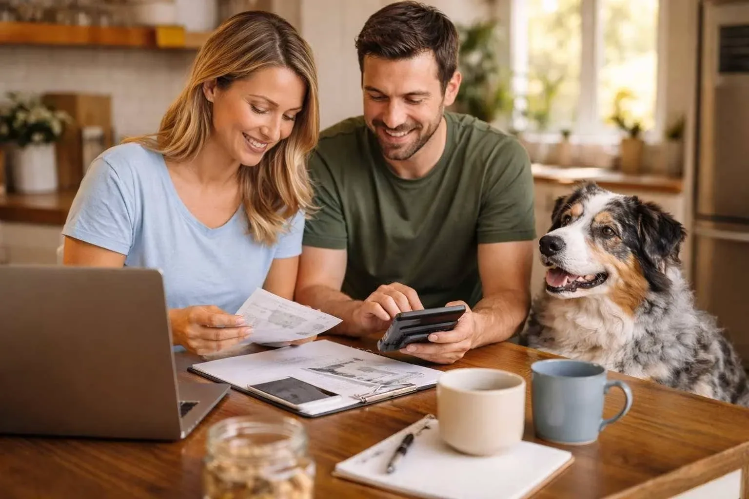 Australian shepherd family budgeting kitchen table