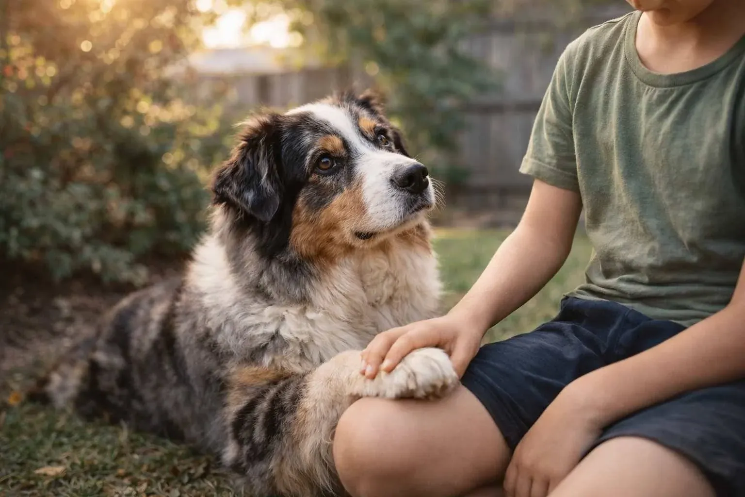 Australian shepherd family dog with child backyard