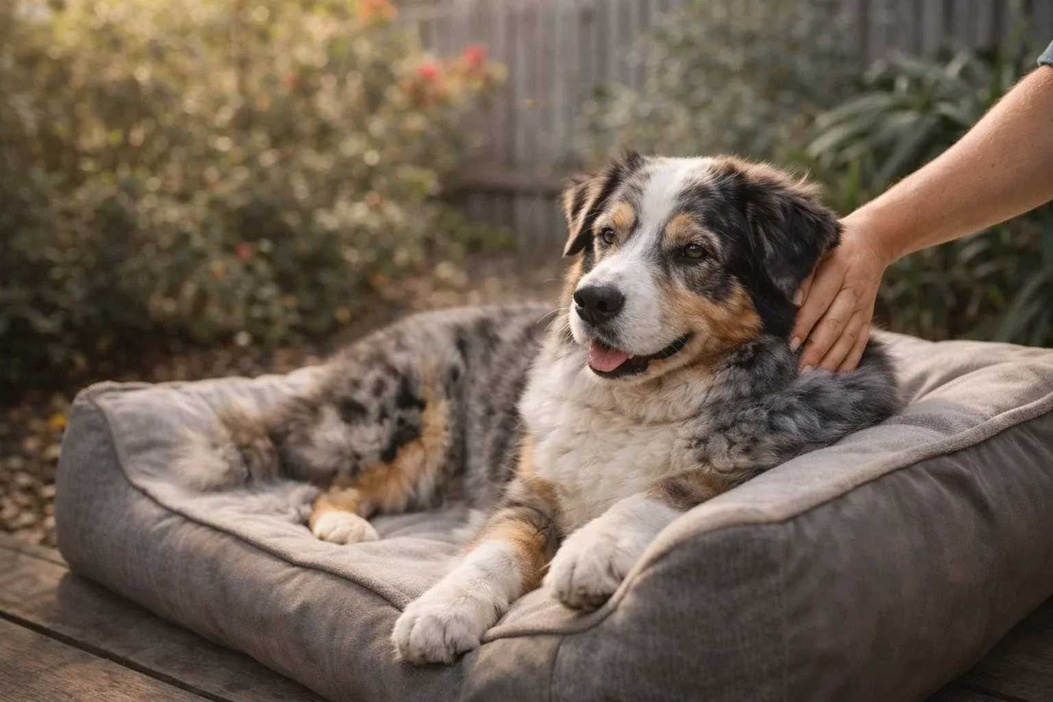 Australian shepherd senior on dog bed