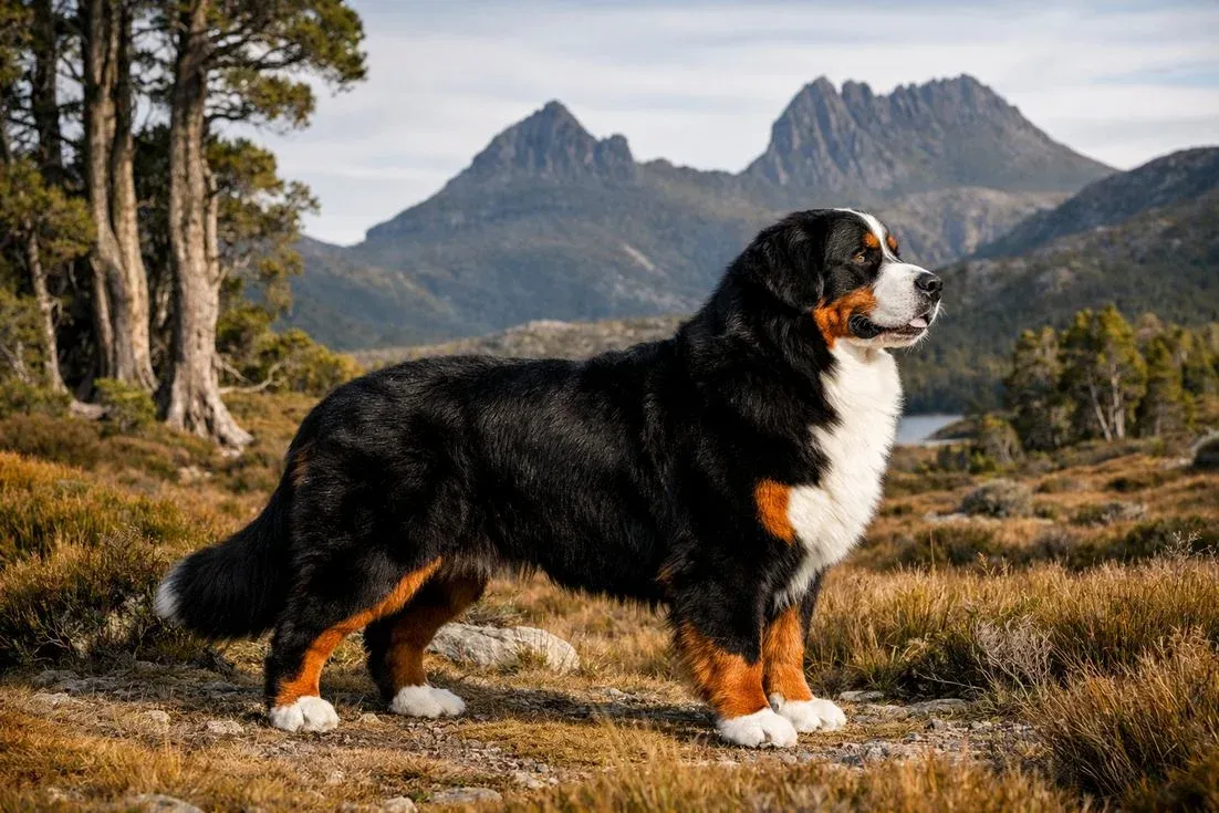 Bernese Mountain Dog Side Profile In Tasmanian Cradle Mountain Setting
