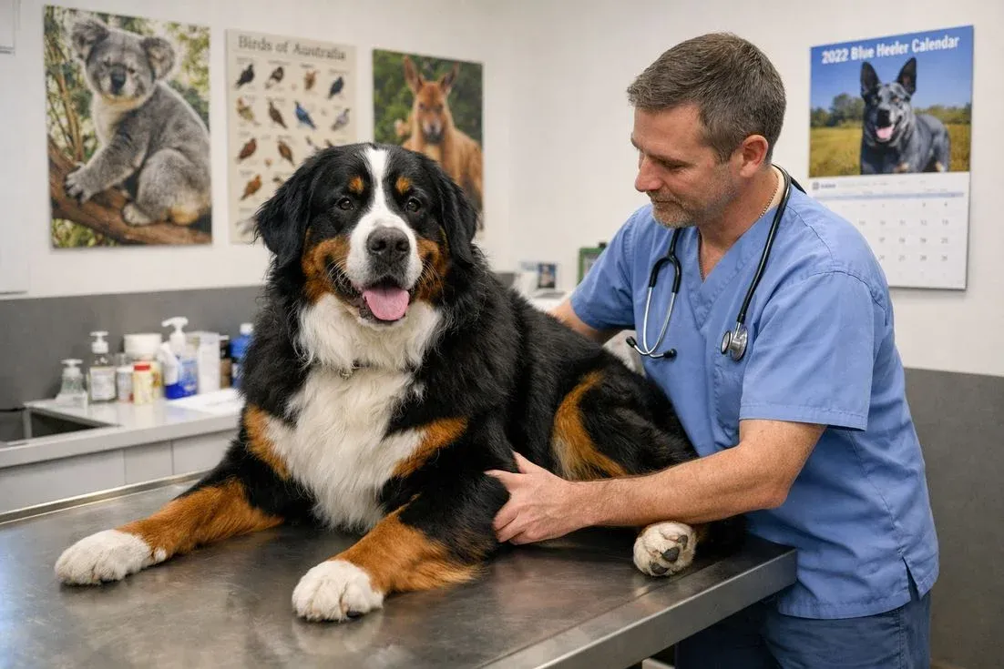 Bernese Mountain Dog Tricolour During Vet Hip Examination Checkup