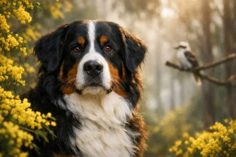 Bernese Mountain Dog Tricolour Portrait Among Australian Wattle Blooms