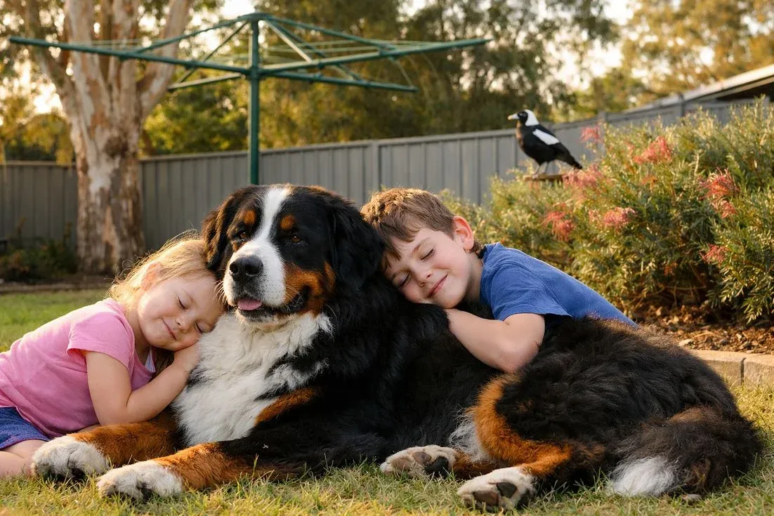 Bernese Mountain Dog Tricolour With Children In Aussie Backyard