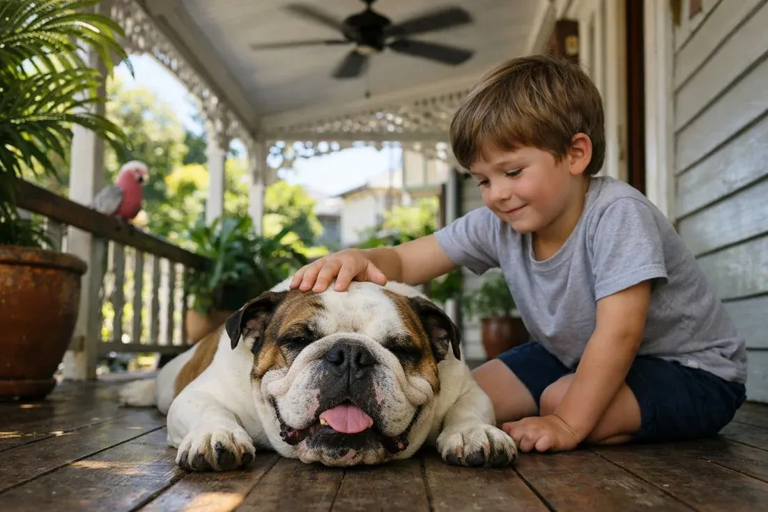 British-Bulldog-brindle-white-relaxing-with-child-on-Queenslander-verandah British Bulldog Brindle White Relaxing With Child On Queenslander Verandah