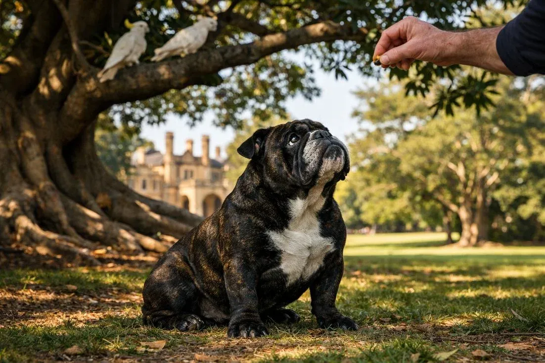 British-Bulldog-dark-brindle-training-under-fig-tree-Parramatta-Park British Bulldog Dark Brindle Training Under Fig Tree Parramatta Park