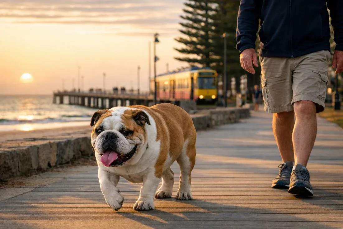 British-Bulldog-fawn-white-morning-walk-at-Glenelg-Beach-boardwalk British Bulldog Fawn White Morning Walk At Glenelg Beach Boardwalk