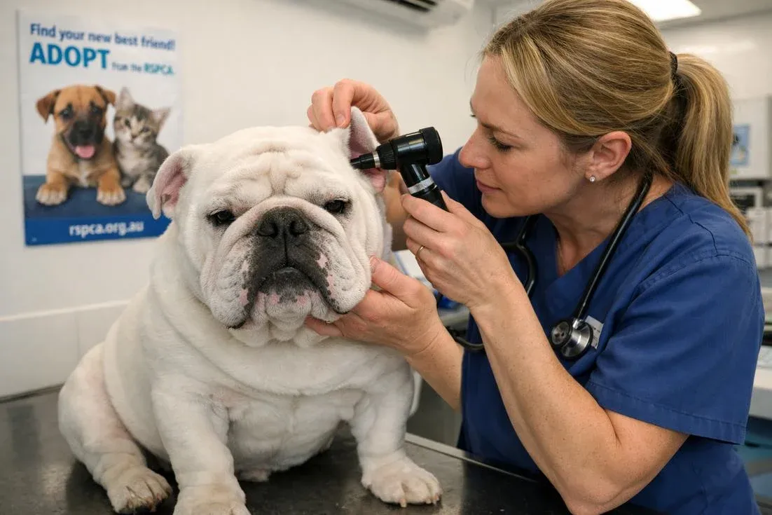 British-Bulldog-white-coat-during-vet-ear-and-skin-fold-checkup British Bulldog White Coat During Vet Ear And Skin Fold Checkup