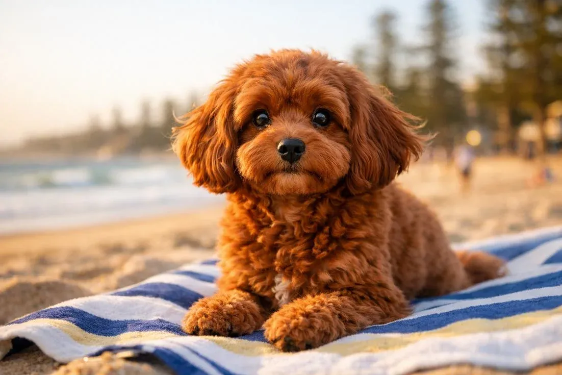 Cavoodle Ruby Red Coat Portrait At Manly Beach Sydney Morning Light