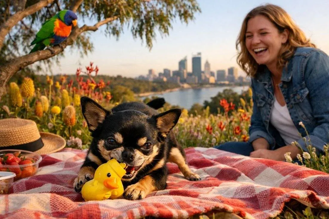 Chihuahua Black Tan Playing With Toy At Kings Park Perth Wildflowers