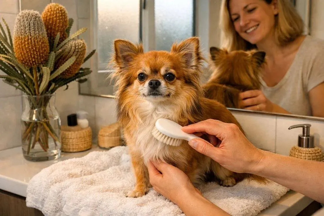 Chihuahua Long Coat Red Sable Being Brushed In Bondi Apartment