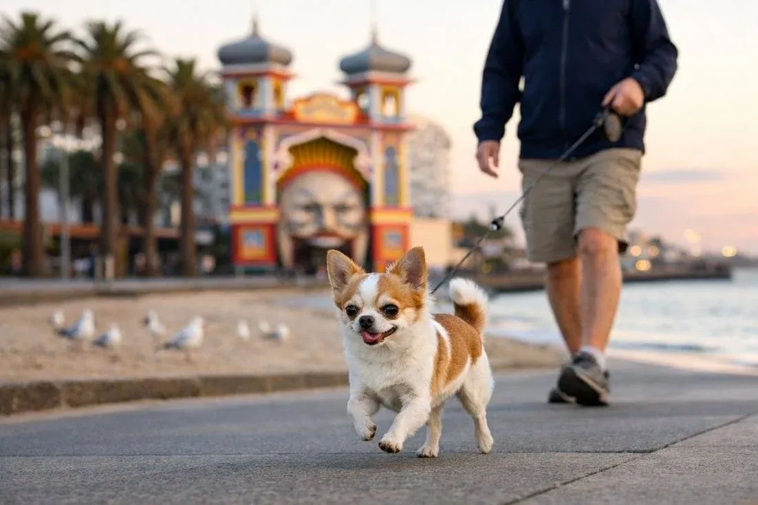 Chihuahua White Fawn Walking St Kilda Foreshore Melbourne Sunrise