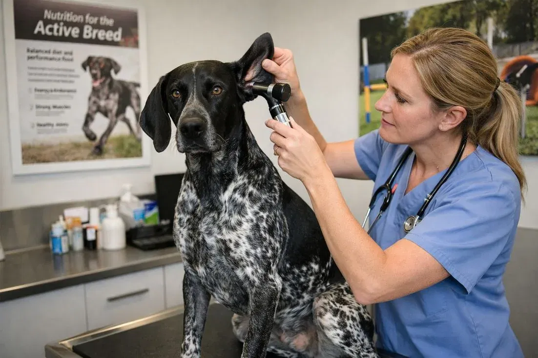 German Shorthaired Pointer Black White During Vet Ear Examination
