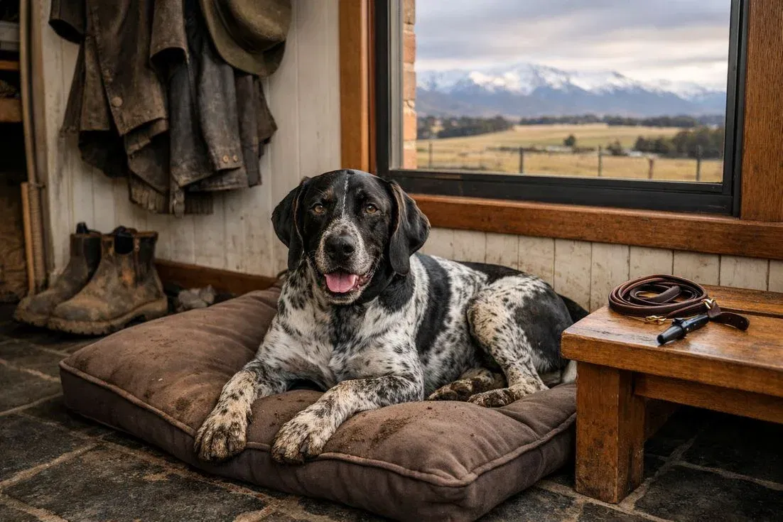 German Shorthaired Pointer Black White Relaxed Mudroom Snowy Mountains Property