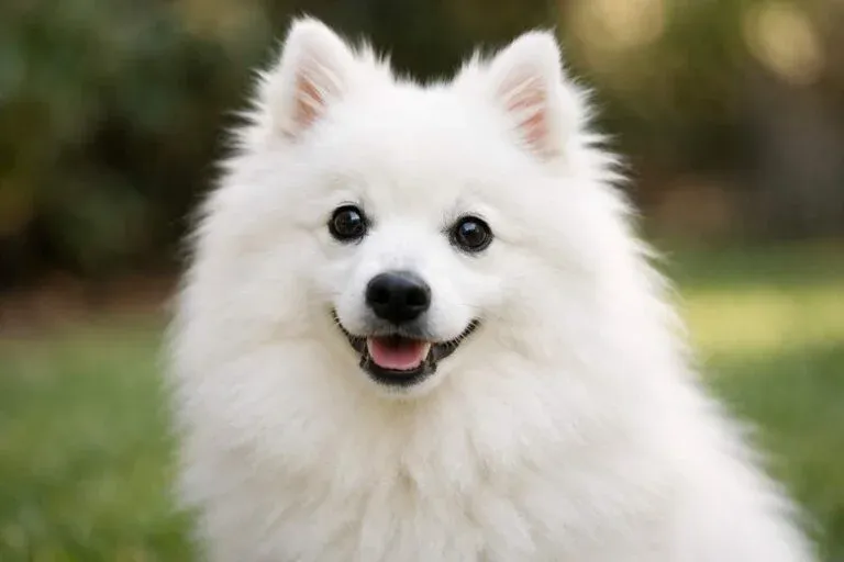 Adult Japanese Spitz Dog Portrait Showing Pure White Fluffy Coat And Alert Expression
