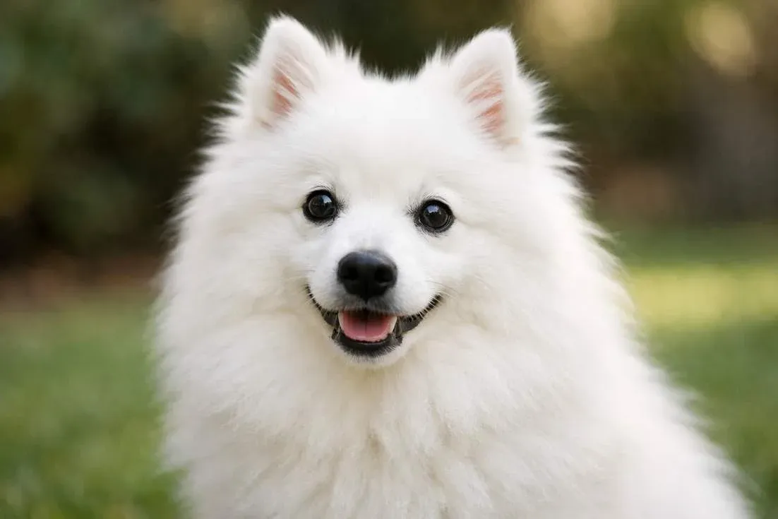 Adult Japanese Spitz Dog Portrait Showing Pure White Fluffy Coat And Alert Expression