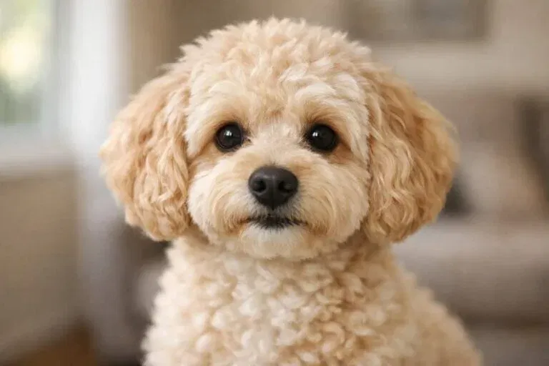 Adult Moodle Dog Portrait Showing Soft Apricot Wavy Coat And Friendly Teddy Bear Face