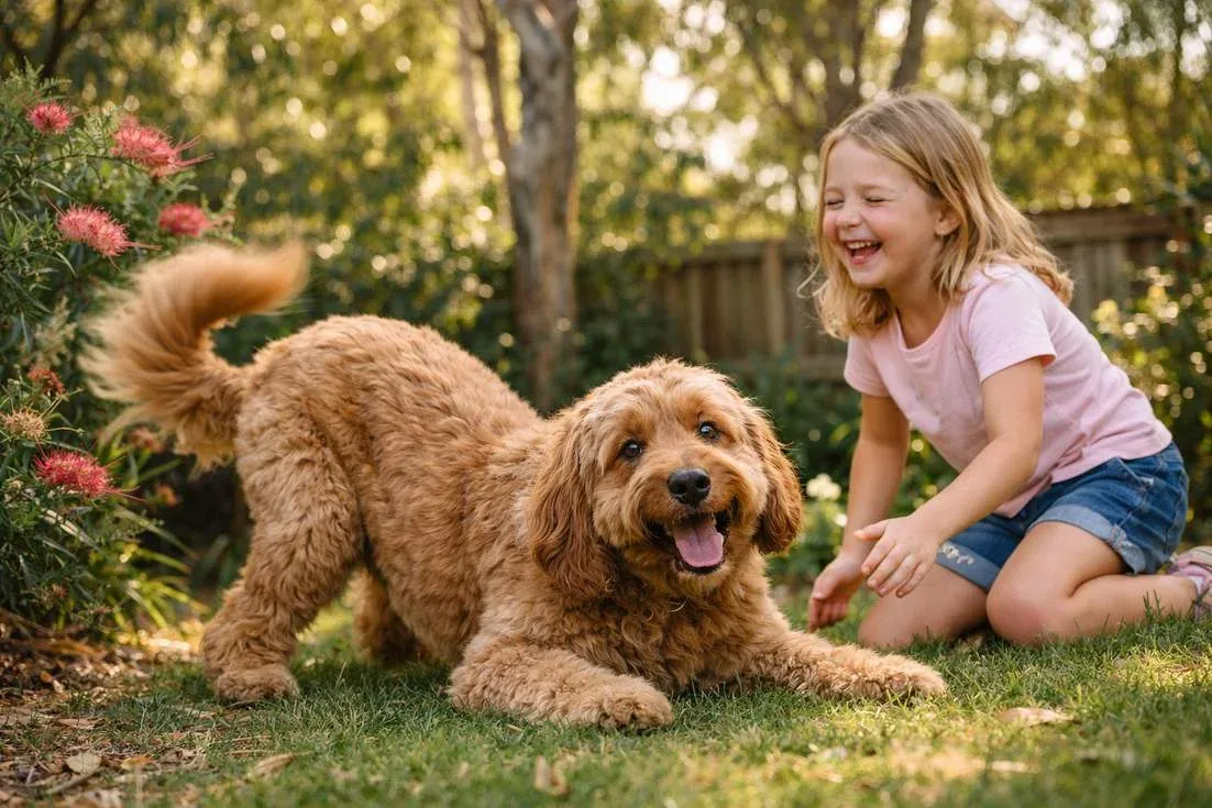 Australian Cobberdog Caramel Coat Playing Gently With Child Outdoors