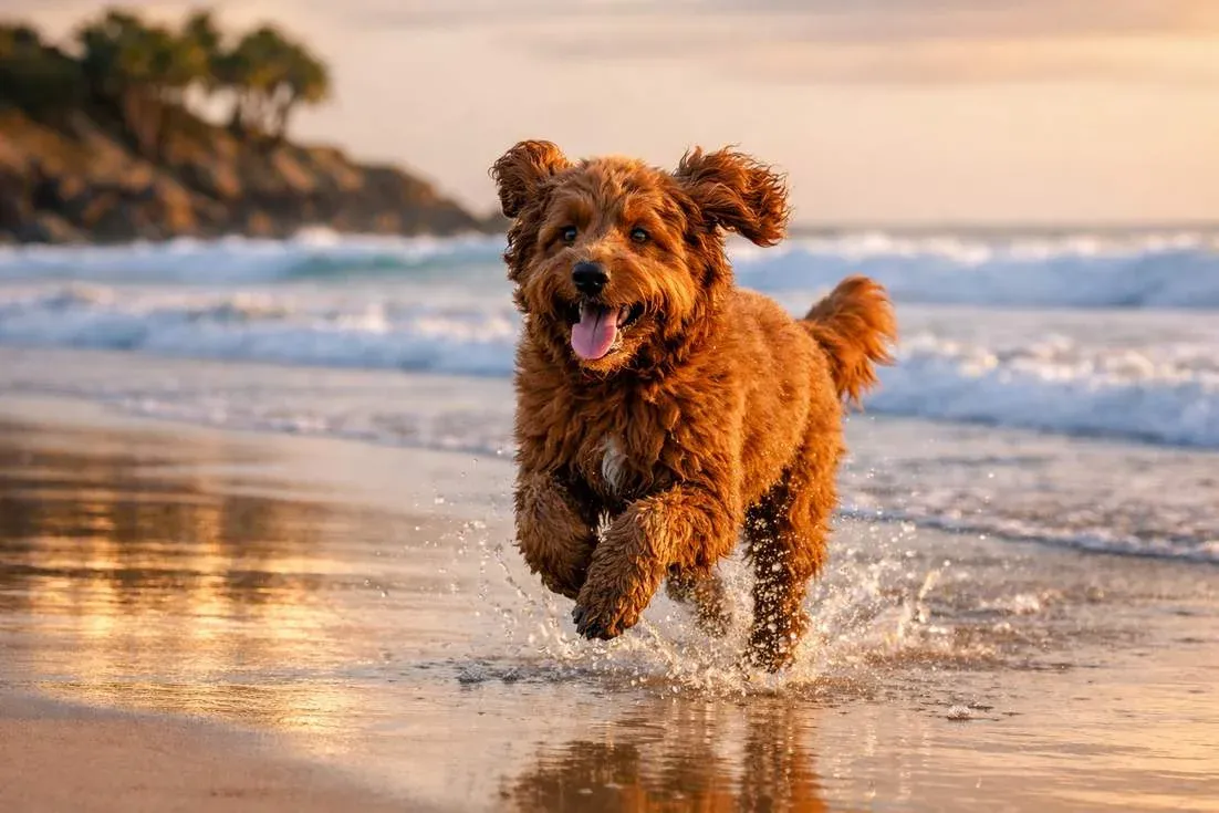 Australian Cobberdog Red Coat Running On Queensland Beach At Sunrise