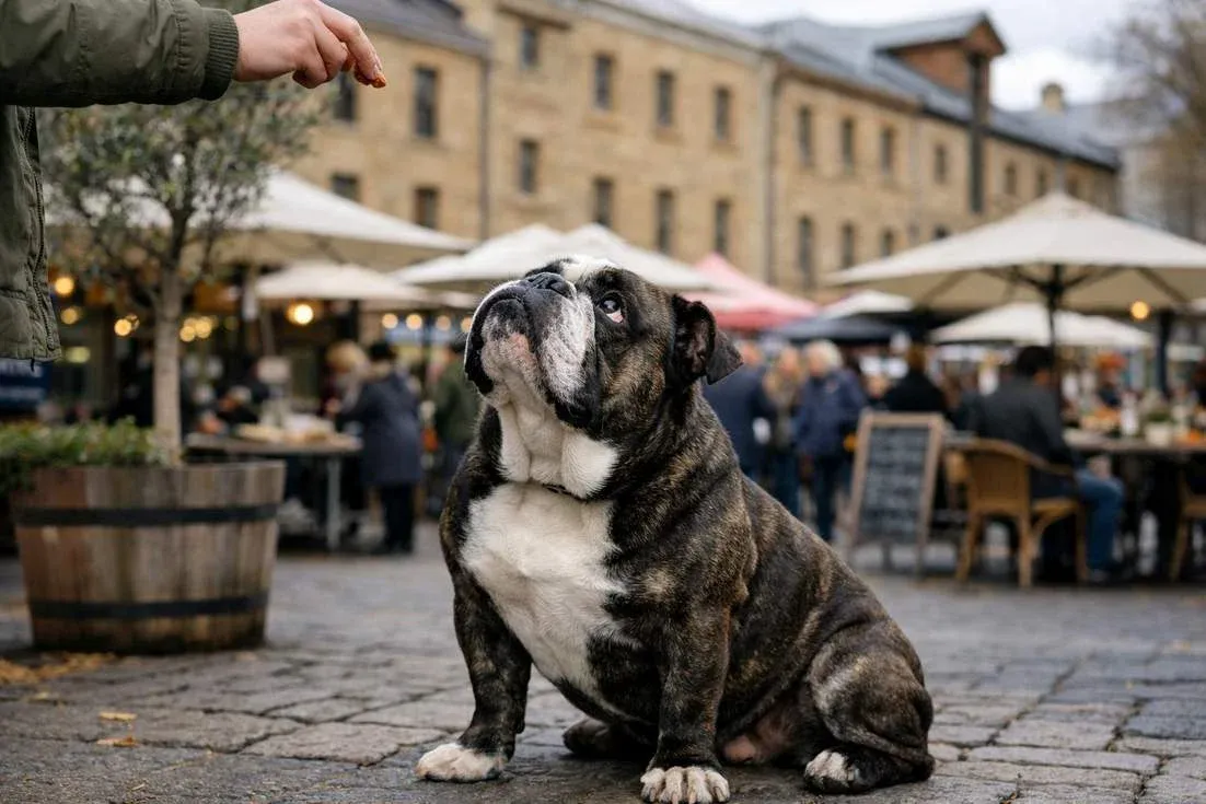 Bulldog Dark Brindle In Determined Sit At Salamanca Place Hobart