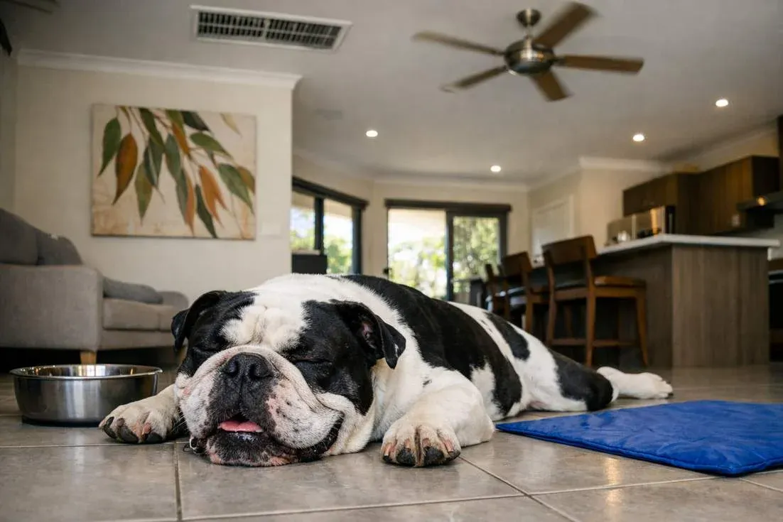Bulldog Pied Coat Relaxed On Cool Tiles Australian Summer Home