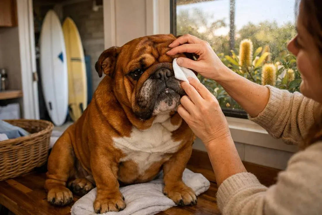 Bulldog Red Coat Facial Wrinkle Cleaning At Torquay Coastal Home