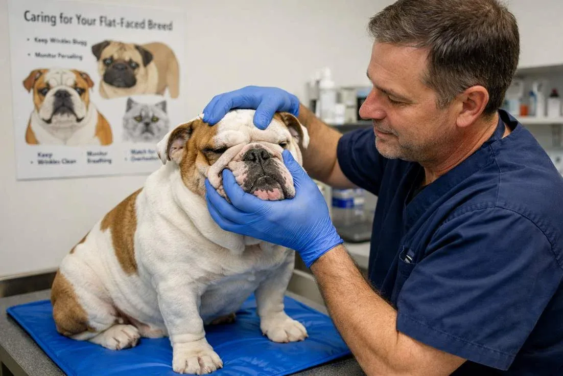 Bulldog White Fawn Coat During Vet Skin Fold Health Examination