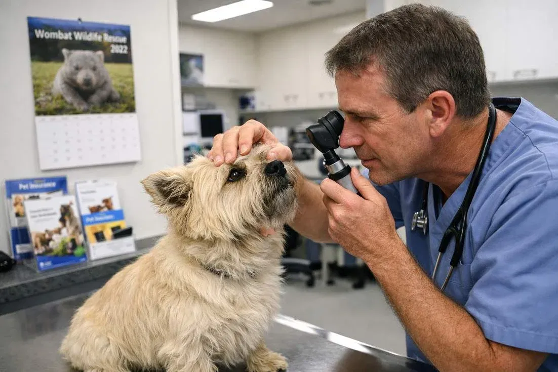 Cairn Terrier Cream Coat During Vet Eye Examination Checkup