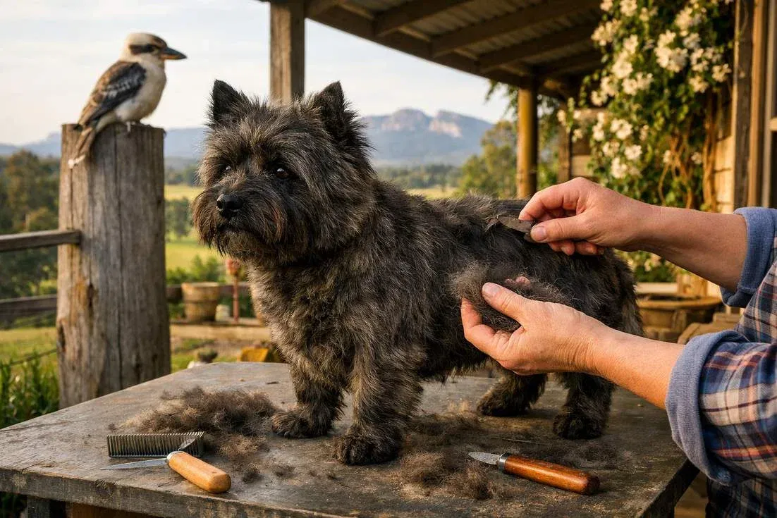 Cairn Terrier Dark Brindle Hand Stripping On Grampians Homestead Verandah