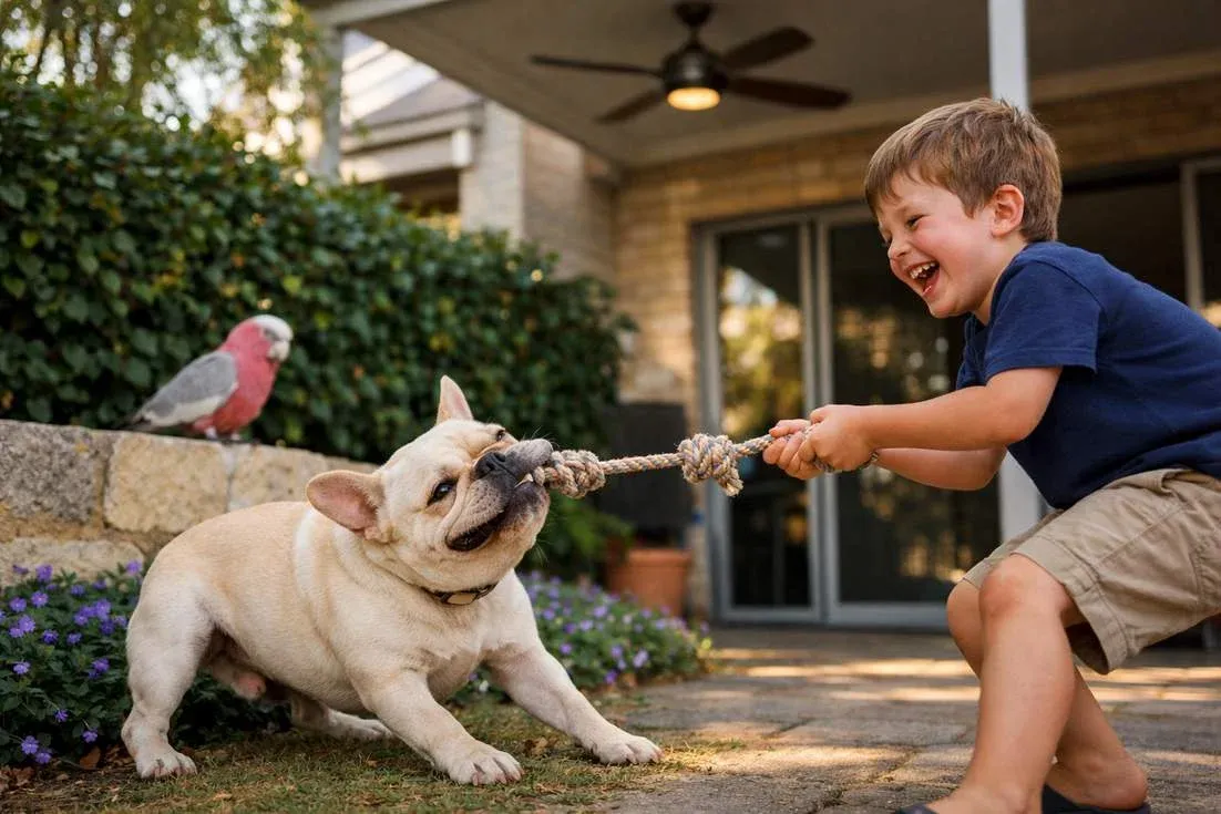 French Bulldog Cream Coat Playing Tug With Child In Perth Courtyard