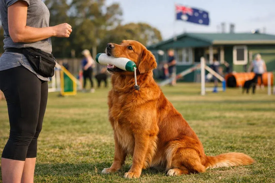 Golden Retriever Dark Golden Holding Dummy In Training Sit Newcastle