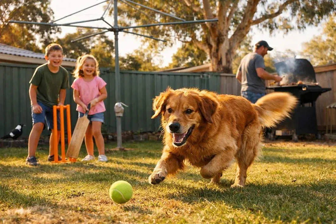 Golden Retriever Dark Golden Playing Cricket With Family Aussie Backyard