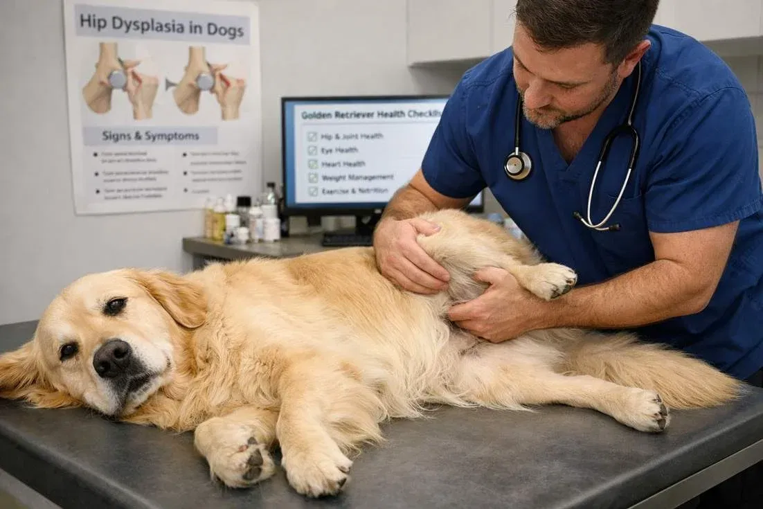 Golden Retriever Light Golden During Vet Hip Joint Health Examination