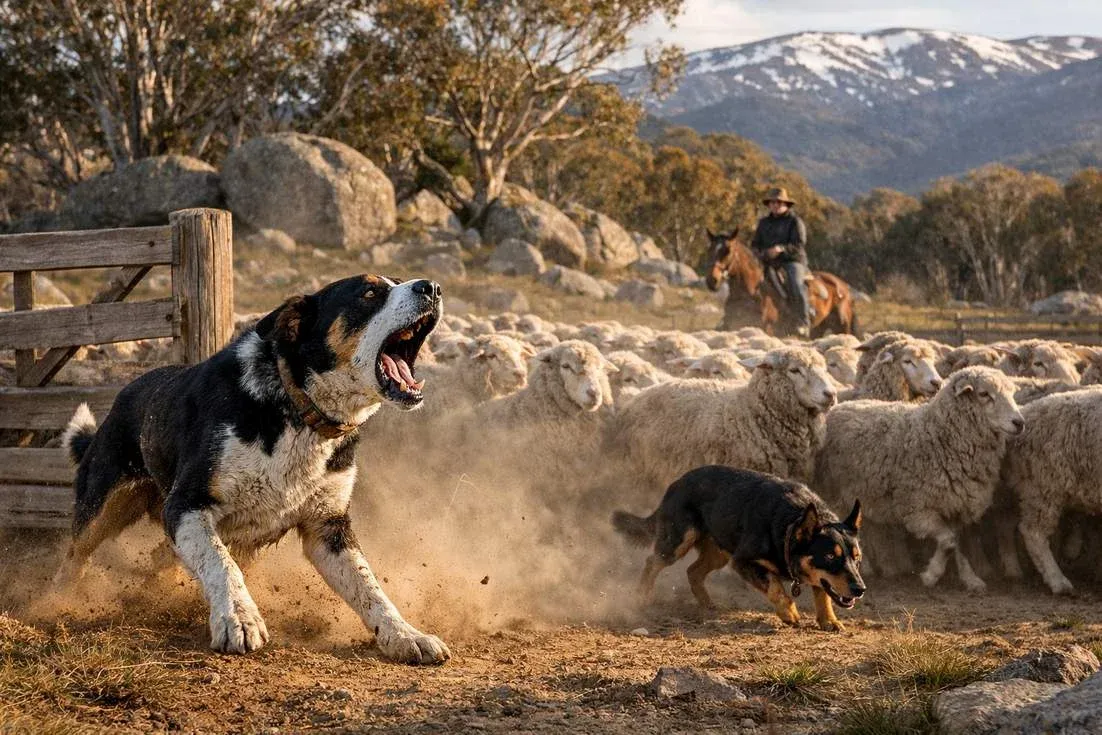 Huntaway Black White Coat Barking Driving Sheep Snowy Mountains Station