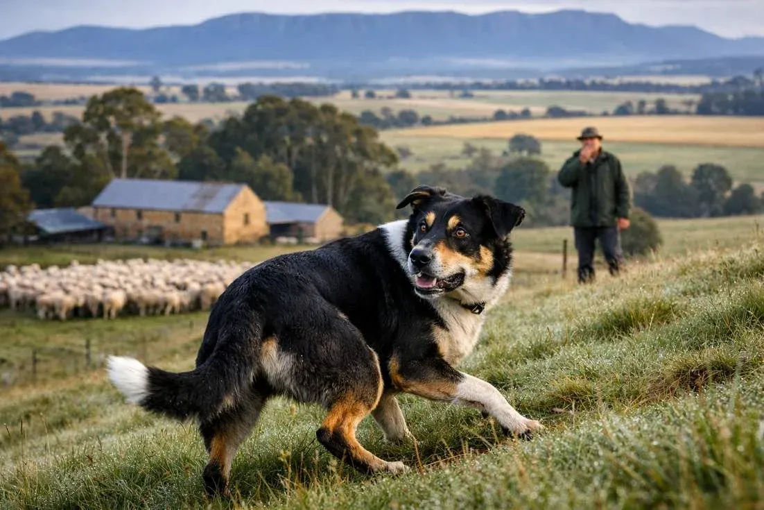 Huntaway Black White Coat Responding To Whistle Command Tasmania Midlands