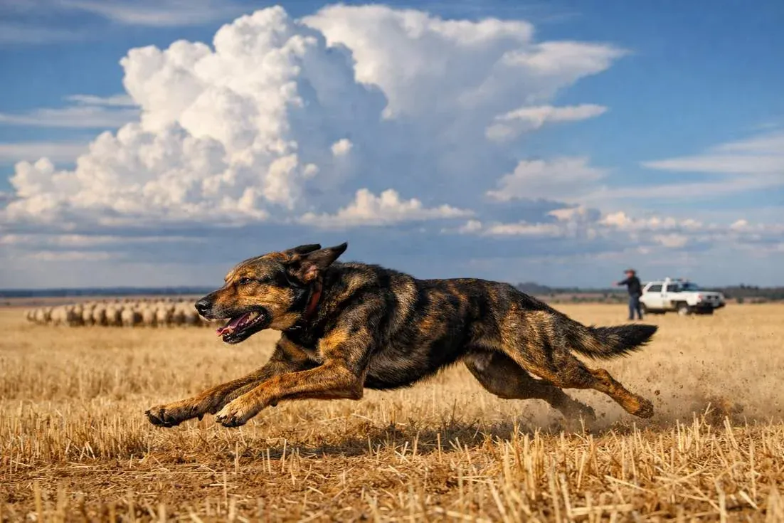 Huntaway Brindle Coat Running Across Darling Downs Queensland Paddock