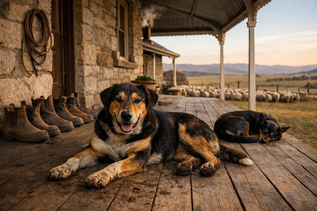 Huntaway Tricolour Coat Resting On Monaro Nsw Station Homestead Verandah