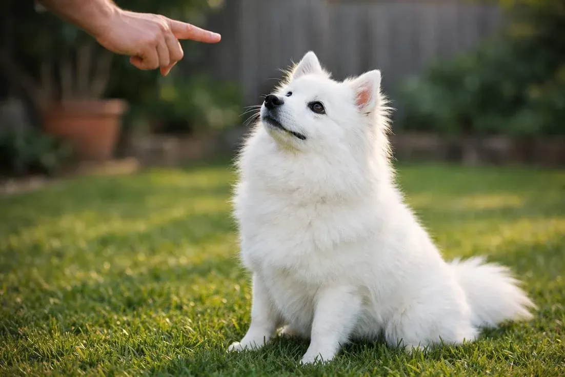 japanese-spitz-in-training-session-demonstrating-obedience-and-attentiveness Japanese Spitz In Training Session Demonstrating Obedience And Attentiveness