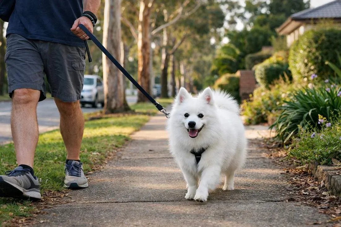 japanese-spitz-on-daily-walk-showing-moderate-exercise-needs Japanese Spitz On Daily Walk Showing Moderate Exercise Needs