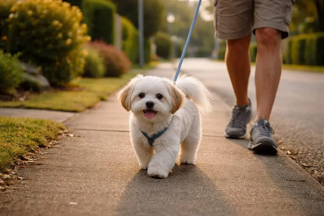 Maltese Shih Tzu On Gentle Daily Walk Showing Moderate Exercise Needs