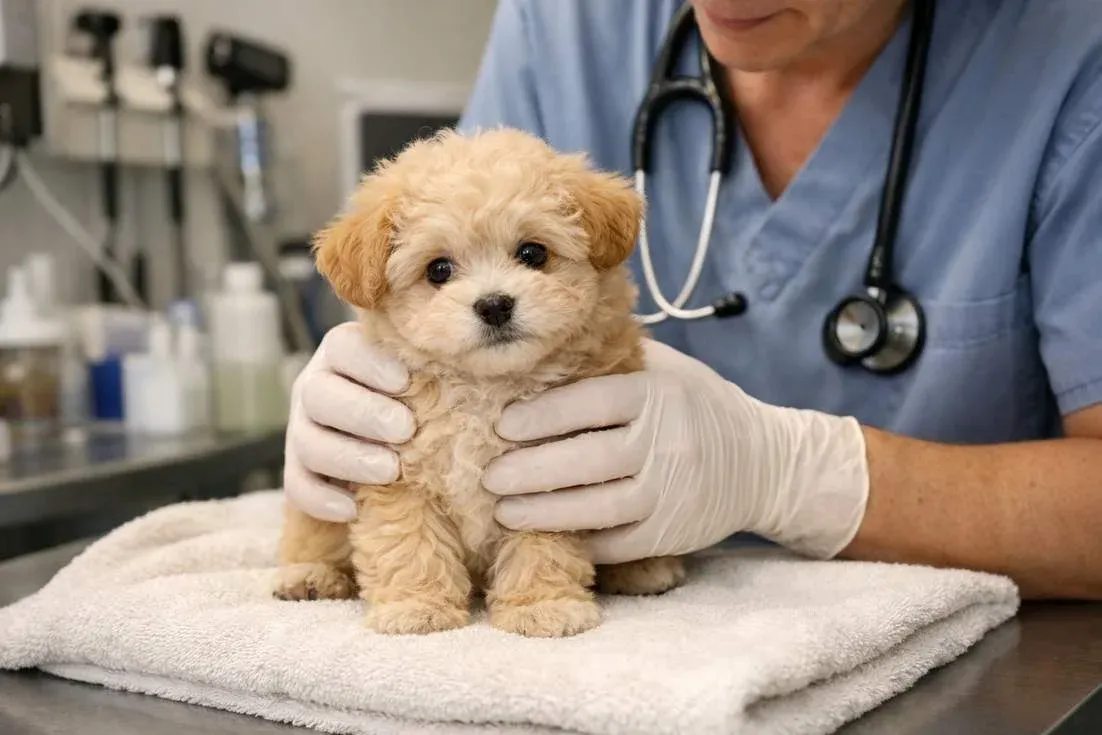 Maltipoo Puppy Being Examined By Veterinarian During Puppy Health Check
