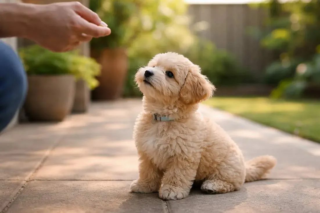 Maltipoo Puppy In Early Training Session Learning Basic Commands